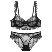 Ensemble de lingerie sexy grande taille en dentelle ultra-fine, sans éponge, entièrement transparent, avec soutien-gorge anti-affaissement et effet push-up, style français populaire Pure Desire