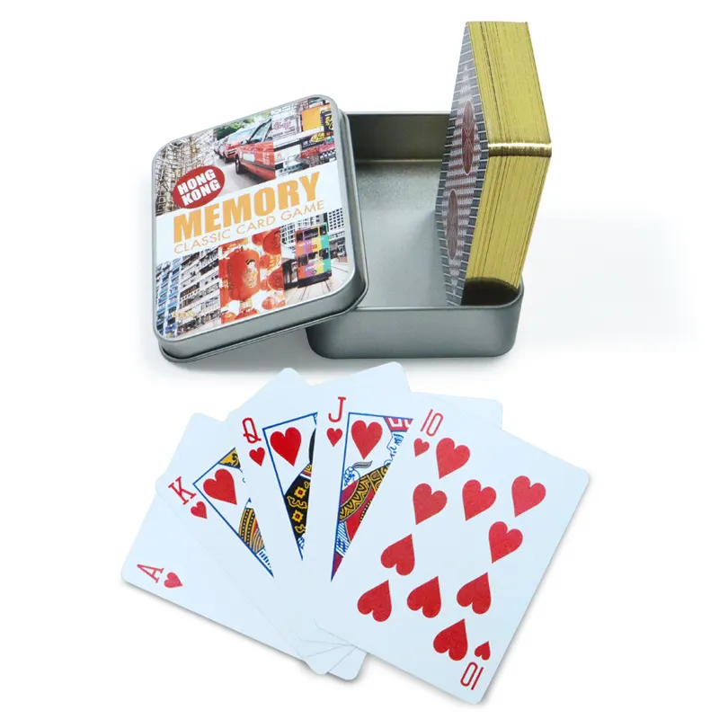 맞춤형 인쇄 카드 놀이 카드 데크 양철 상자 포장 클래식 포커 카드 디자인 로고 광고 플라스틱 카드 놀이