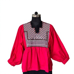 Blusa de poliéster roja bordada estilo bohemio con peplum para mujer, blusa étnica de manga globo, túnica tradicional folclórica para fiesta de adultos - Product Image 1