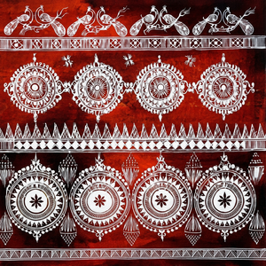 Handmade <b>White</b> On Red Batik Fabric With Peacock And Mandala Patterns Silk Screen Printed <b>Hanging</b> Decor - Product Image 1