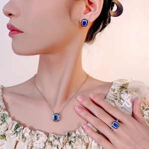 Refined Eco-friendly Copper 6*8/5*7mm Blue Zircon Geometric Square Necklace <b>Earrings</b> Ring <b>Set</b> Premium Quality Jewelry <b>Set</b> Simple - Product Image 6