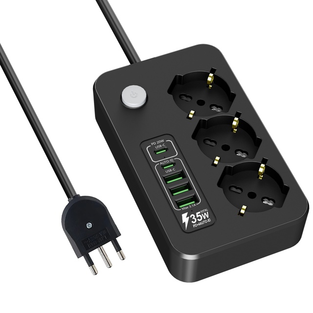 New Design Italy Chile Power Strip EU Standard Extension Socket 2 Type-C PD 3 USB Fast Charger Port Power Socket