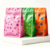 Sacs à café vides personnalisés imprimés en couleur avec logo et motif sur mesure, fond plat, fermeture éclair et valve de dégazage unidirectionnelle