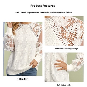 Phụ nữ thanh lịch của ren crewneck Áo len mới mùa xuân mùa thu lưới Laser thêu hoa dài tay áo dệt kim áo thun áo len hàng đầu - Product Image 2