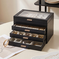 Boîte à bijoux en cuir PU de luxe léger, grande capacité, avec couvercle en verre, organisateur verrouillable pour bagues, colliers, bracelets