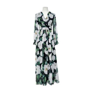 AELESEEN 2025 Robe élégante d'été en mousseline de soie de haute qualité pour femmes Vert à manches longues Feuilles blanches Fleur imprimée sicilienne Fête de plage - Product Image 5