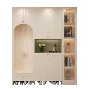 Mueble zapatero estilo crema con almacenamiento para entrada y taburete integrado, armario de suelo a techo para la entrada del hogar. - Product Image 3