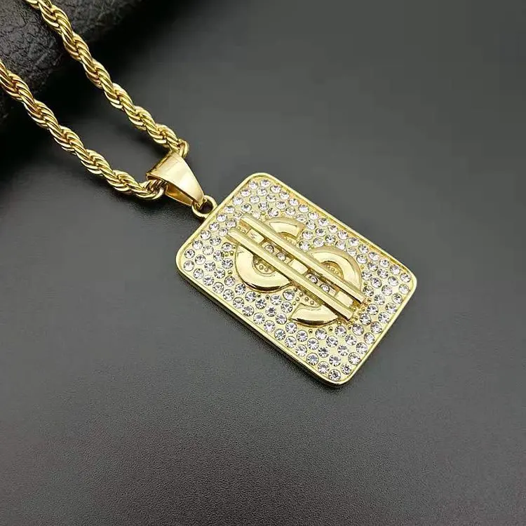 Men hip hop jewelry stainless steel gold square dollar pendant necklace for men