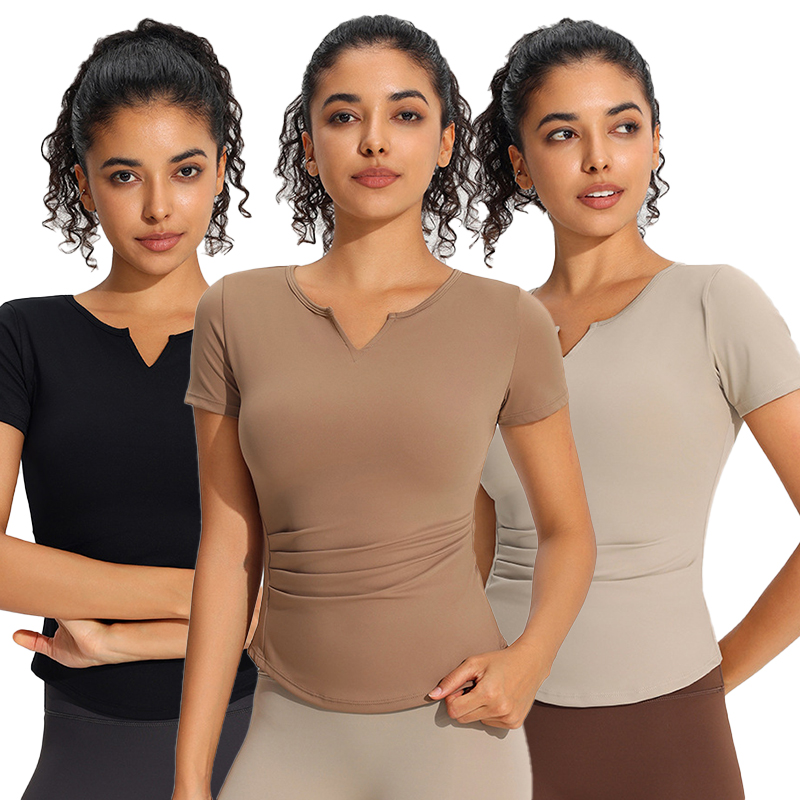 Custom Logo Women's High-Stretch Cropped Slim-Fit V-Neck Yoga Top Quick-Dry Breathable Running Fitness Short-Sleeved