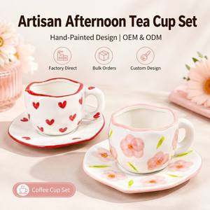 Set di Tazze in Ceramica Dipinte a Mano <span class=keywords><strong>per</strong></span> Tè del Pomeriggio, Graziose Tazze da Caffè con Piattino, OEM ODM Personalizzabili, Regalo di Stoviglie Personalizzate - Product Image 1