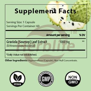 Capsules de Graviola (Corossol) 1000mg en marque blanche OEM ODM - Soutien à la relaxation et au sommeil, antioxydant, soutien à la santé de la peau et du système immunitaire - Product Image 2