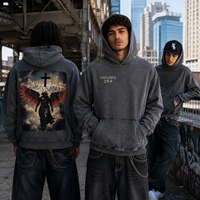 Hoodie Grafis Angel Label Pribadi OEM, Hitam Washed, Bahan Fleece Katun Tebal, Streetwear, Cetak Religius Custom, Model Pullover