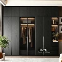 Armadio a Soffitto in Legno Composito Tonalità Scuro con Porta in Vetro con Telaio Nero e Striscia LED Interna Integrata