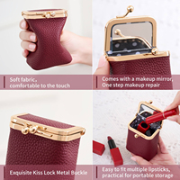 Hothome Mini Porte-monnaie en cuir véritable pour femme, motif litchi, avec miroir, pochette portable pour rouge à lèvres, trousse de maquillage quotidienne, style frais et doux