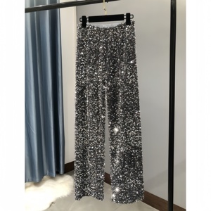 H-391 Pantaloni Lunghi Casual da Donna in Velluto con Paillettes Traspiranti a Vita Alta, Vestibilità Ampia, per Feste e Spettacoli, Autunno Inverno, Gamba Larga Lucida - Product Image 3