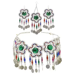 Vintage Flower Metal Colorful Crystal Coin Necklaces Earrings Hair Pendant Sets Festival Dance Party Jewelry sets Bohemian