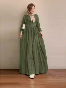 Đầm kiểu áo choàng tay phồng phong cách retro Trung Đông dành cho phụ nữ Hồi giáo năm 2025, mùa xuân thu, màu trơn, thời trang, thanh lịch - Product Image 2