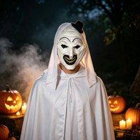 Masque intégral en latex Terrifier Art the Clown avec capuche en tissu blanc, masque de cosplay de film d'horreur pour Halloween, vente en gros pour déguisements