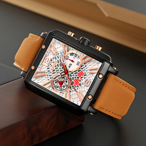 Reloj cronógrafo cuadrado para hombre, correa de cuero de lujo, reloj de cuarzo resistente al agua 30M, relojes al por mayor - Product Image 1