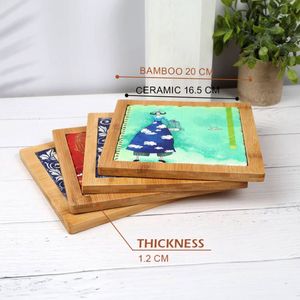 Sous-verres carrés en céramique personnalisables, écologiques, imprimés UV, avec supports en bambou pour planches à découper, style portugais - Product Image 2