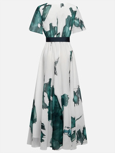 Abito Lungo Elegante da Donna con Stampa a Inchiostro OEM/ODM, Cintura in Vita, Maniche Corte e Scollo a V - Sehe Fashion - Product Image 5