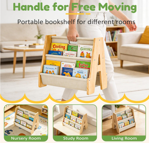 Étagère à livres portable pour enfants à 4 niveaux, double face, en bois, style Montessori, étagère à livres pour tout-petits en pin massif, étagère à livres pour enfants en forme <span class=keywords><strong>de</strong></span> A avec poignée - Product Image 4