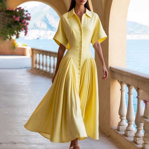 Ampio <span class=keywords><strong>abito</strong></span> <span class=keywords><strong>Midi</strong></span> a maniche corte con Design a pieghe abbottonato tinta unita colletto con risvolto naturale vita-<span class=keywords><strong>abito</strong></span> <span class=keywords><strong>camicia</strong></span> Eco-Friendly - Product Image 4