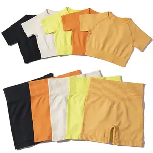 Conjunto deportivo de gimnasio para mujer con logotipo personalizado, ropa deportiva, sujetador, pantalones cortos de yoga, juego de ruedas de 5 piezas, conjunto sin costuras, ropa de yoga - Product Image 6