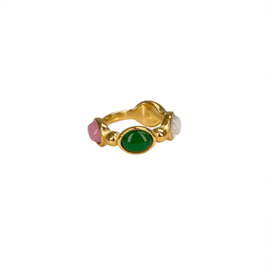 Fashion <b>Ring</b> 316L Stainless Steel PVD <b>Gold</b> Plating Green Stone Pink White Accents Sustainable Resistant Design - Product Image 2