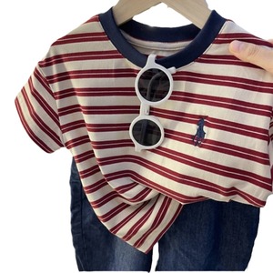 Children's T-shirt Striped Short Sleeve Cotton Moisture Wicking For Boys And Girls Summer Wear Gray Black Red Stripes - Product Image 3