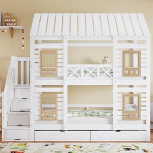 90 X 200 cm Double <strong>Bed</strong> Slatted Frame <strong>Pine</strong> + MDF Kids' Cabin <strong>Bed</strong> <strong>Bed</strong> 2 Drawers 4 Windows Storage Ladder Fall Protection Bedroom - Product Image 2