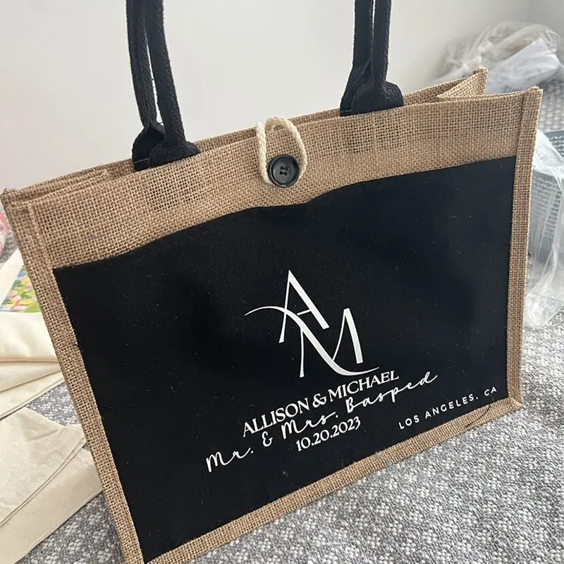 Borsa Tote in juta con Logo stampato personalizzato con borsa per la spesa all'ingrosso nera frontale in tela borsa da spiaggia grande Tote naturale