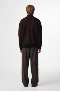 Designer <strong>Men's</strong> Paisley Flock Velvet Cardigan Sweater Bomber Style with Ribbed Trim Jacquard Knit <strong>Jumper</strong> in Burgundy and <strong>Black</strong> - Product Image 4