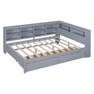 Modern Wooden Full Size DayBed with 2 Drawers, DayBed with Storage Shelf and USB Charging Ports,Grey - Product Image 5