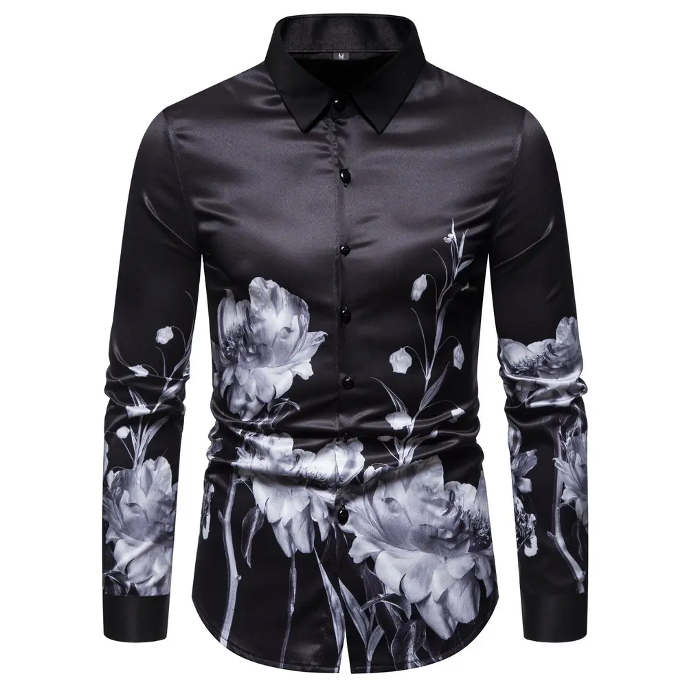 Wholesale fashion men's long-sleeved shirts ink printing trend men's retro European and American men's casual shirts