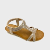 Sandales compensées d'été à semelle souple en faux daim, à bride en T, à bride arrière élastique, à enfiler, confortables, avec strass pour femme