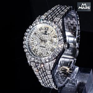 Herren Luxus 41mm Edelstahl-Armband Quarzuhr Hip-Hop-Stil mit Römischen Ziffern Datumsfunktion Moissanit-Diamant-Besatz - Product Image 6