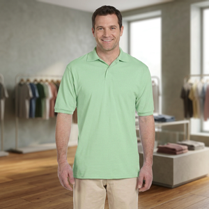 เสื้อโปโลผู้ชายสีเขียวล้วน แขนสั้น ผ้าคอตตอนปิเก้ ทรงปกติ สไตล์ลำลอง - Product Image 2