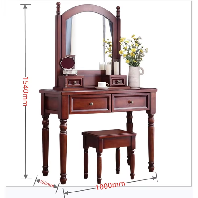 American-style Walnut-colored Luxury Dressing Table, Small-sized Solid Wood Makeup Table with square Mirror Cabinet Set