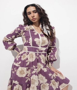 Robe midi en coton pour femme, couleur violette, col en V, manches longues, été, décontractée, confortable, légère, respirante, tendance, robe à la mode - Product Image 1