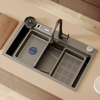 Robinet extractible noir de luxe moderne fait à la main évier de cuisine multifonctionnel en acier inoxydable 304 à double cuvette traitement de surface nano