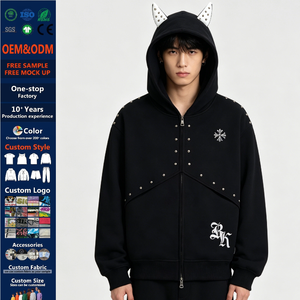 Sudadera con capucha extragrande de felpa francesa con cremallera, remaches y bordado, estilo punk, con logotipo personalizado, de corte holgado, para fabricantes de marcas de ropa - Product Image 1