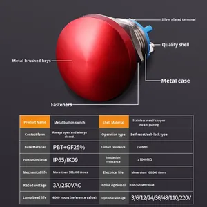 16mm Stainless Steel <strong>Mushroom</strong> Head Push <strong>Button</strong> <strong>Switch</strong> IP67 Waterproof Oxidation-Resistant 3A Self-Resetting Red-Green Start/Stop - Product Image 2