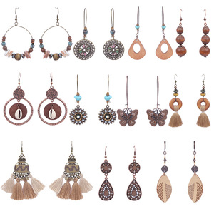 Boucles d'oreilles pendantes en bois avec pompon style bohème, plaqué bronze antique, pour femme, bijoux de mode pour soirée - Product Image 5