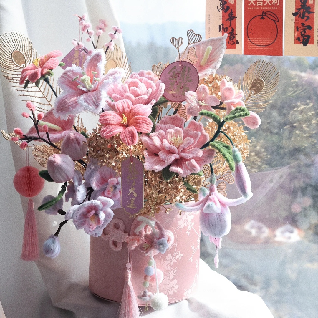 Paquete de material para cubo abrazando bordado de peonía rosa