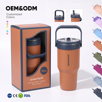 Gobelet isotherme en acier inoxydable sans BPA de 32 oz avec paille rabattable anti-fuite, garde au froid pendant 12 heures, bouteille d'eau avec poignée ergonomique