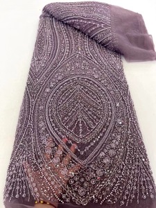 Ni. Ai sang trọng ít hoa lưới đính cườm ren lưới thêu sequin vải ren với ngọc trai cho Vật liệu váy cưới - Product Image 2