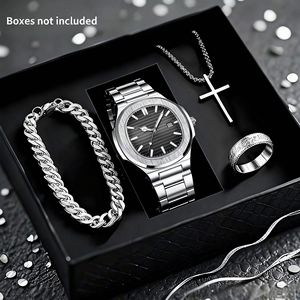<span class=keywords><strong>Set</strong></span> Regalo da <span class=keywords><strong>Uomo</strong></span> 4 Pezzi: Orologio al Quarzo Quadrato in Acciaio Inossidabile di Lusso, <span class=keywords><strong>Bracciale</strong></span>, <span class=keywords><strong>Collana</strong></span> a Croce - Vendita all'Ingrosso - Product Image 2
