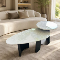 Table Basse Moderne Design en Pierre de Jade Naturelle avec Pieds Noirs Mats pour Salon - Offre Spéciale