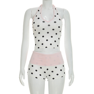 Viviblook Y26ST096 Ensemble d'été pour femme, style streetwear sexy, nouveau débardeur dos nu à pois avec blocs de couleur et short, ensemble deux pièces - Product Image 1